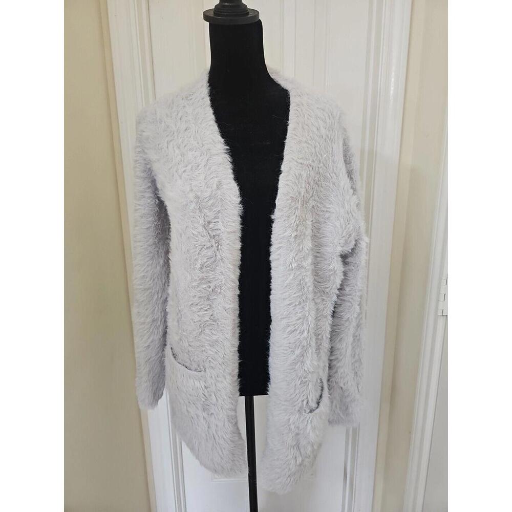 Free People Faux Fur Cardigan Small Cloud Gray Open Front Sweater